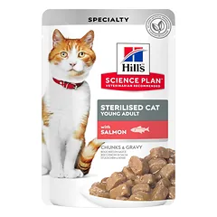 Hills Science Plan Sterilised Cat Young Adult ėdalas katėms su lašiša guliašas 12x85g