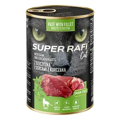 SUPER RAFI Cat su laukine mėsa ir vištienos širdelėmis 400g drėgna katės maistas