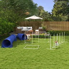Agility trasos rinkinys šunims, lankas, 2 tuneliai, 2 barjerai, slalomas, 321 x 63 x 93 cm, baltas, oranžinis ir mėlynas — 2 nuotrauka