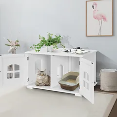 Kačių tualeto spintelė su pertvara, balta ir kavos spalvos, 81,3 x 53,3 x 48,3 cm — 3 nuotrauka
