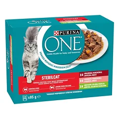 PURINA ONE Sterilcat 12x85g su jautiena ir morkomis, su lašiša ir morkomis, su kalakutiena ir žaliaisiais pupelėmis, drėgnas maistas katėms po sterilizacijos
