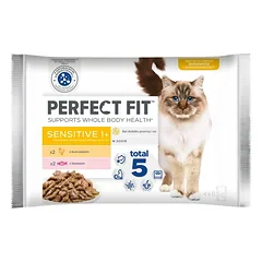 PERFECT FIT Sensitive 1+ 4x85 g su vištiena ir lašiša padaže jautriems katėms