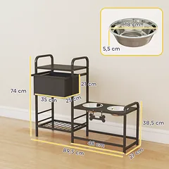 Reguliuojamo aukščio šunų dubenėlių stovas su stalčiumi ir lentyna, 2 nerūdijančio plieno dubenėliai po 800 ml, plienas ir audinys, 89,5 x 27 x 74 cm, juodas — 3 nuotrauka