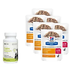 HILL'S PD Prescription Diet Feline c/d Urinary Stress Vištiena 6x85g paketėlis + LAB-V Calm Support - streso ir elgesio sutrikimų simptomų palaikymas 45 kapsulės