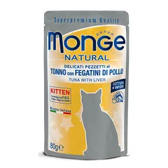 Monge Natural Pouches Kitten konservai su tunu ir vištienos kepenimis kačiukams