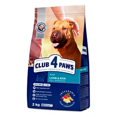 CLUB 4 PAWS Premium pilnavertis sausas ėdalas suaugusiems, visų veislių šunims su ėriena ir ryžiais 2kg.