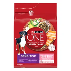 PURINA ONE Sensitive Medium/Maxi suaugusių šunų maistas, turtingas lašiša ir ryžiais, 2,5 kg