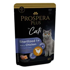 Prospera Plus Pouch Sterilized 1+ Chicken Carrot drėgnas maistas sterilizuotoms katėms su vištiena ir morkomis, 85 g — 2 nuotrauka