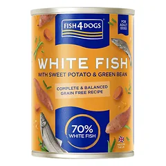 Fish4Dogs konservuotas maistas šunims su baltąja žuvimi, saldžiosiomis bulvėmis ir žaliomis pupelėmis 395 g