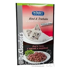 DR. CLAUDER’S drėgnas maistas katėms su jautiena ir kalakutiena drebučiuose 12x100g