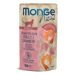 MONGE Natural konservuotas pašaras su tunu, vištiena,  krevetėmis katėms, 80 g parduotuvėje akvanamai.lt