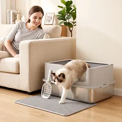 Pusiau uždaras kačių tualetas XL iš nerūdijančio plieno, 30 l, su kilimėliu ir semtuvėliu, iki 8 kg, šviesiai pilkas — 2 nuotrauka