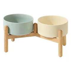 Xingmi Ceramics gyvūnų augintinių dubenėlis, keraminis, dvigubas su stovu, kreminis ir  tamsiai žalsvas, 2 x 1,8 l, 39x24 cm — 2 nuotrauka