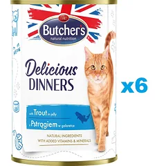 BUTCHER'S BUTCHER'S Delicious Dinners, kačių ėdalas, gabalėliai su upėtakiais drebučiuose, 400g x 6