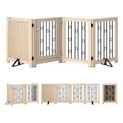 Laisvai stovinčios apsauginės grotelės šunims su durelėmis, 4 plokštės, koridoriui, laiptams, durų angoms, 205x30,5x70 cm, ąžuolo spalvos/juodos