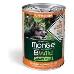 Monge BWILD Puppy Konservuotas maistas šuniukams (gabalėliai padaže) (su antiena, moliūgais ir cukinijomis) 400g