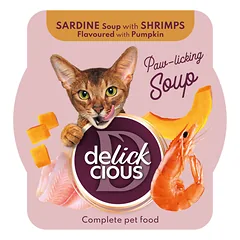 DELICKCIOUS konservuotas pašaras suaugusioms katėms - krevečių sriuba su sardinėmis, 80 g
