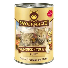 WOLFSBLUT Wild Duck&Turkey Puppy konservai šuniukams su antiena, kalakutiena ir moliūgu, 395 g