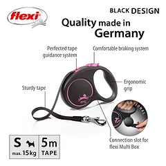 FLEXI pavadėlis šuniui Black Design S juostinis 5m, rožinis — 3 nuotrauka