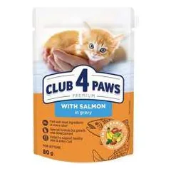 CLUB 4 PAWS Premium Visavertis konservuotas ėdalas su lašiša padaže kačiukams, 80 g