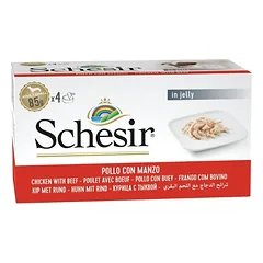 SCHESIR Vištiena su jautiena želatinoje, 4 x 85 g šlapias šunų maistas