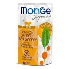 MONGE Supreme konservuotas pašaras su špinatais ir mažosiomis morkomis kačiukams, 80 g