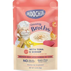 MOOCHIE Kreminiai sultiniai su tunu ir krevetėmis Be grūdų 40 g Kreminiai sultiniai su tunu ir krevetėmis