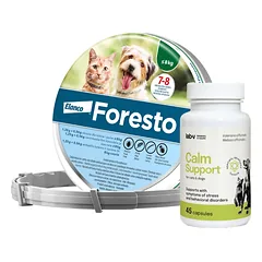 ELANCO Foresto Antkaklis katėms ir šunims sveriantiems mažiau nei 8kg + LAB-V Calm Support - streso ir elgesio sutrikimų simptomų palaikymas 45 kapsulės