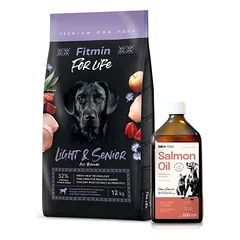 FITMIN For Life Light & Senior 12kg + Lab-V 100% lašišų aliejus įvairaus amžiaus šunims ir katėms 500ml šalto spaudimo