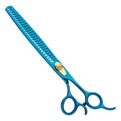 Geib Kiss Gold Blue Chunker 8.5 - vienpusės kirpimo žirklės su mėlynu paviršiumi, 26 dantys