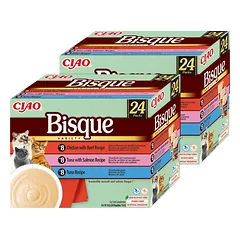 INABA Cat Ciao Bisque - papildomas maistas katėms kreminė sriuba su vištiena, jautiena, tunu ir lašiša 48x40g