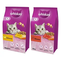 WHISKAS Adult 14kg su vištiena ir daržovėmis + WHISKAS Adult 14kg su jautiena ir daržovėmis