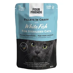 Four Friends Sterilized White Fish konservai sterilizuotoms katėms su baltos žuvies filė padaže, 85 g