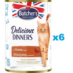 BUTCHER'S Delicious Dinners, kačių ėdalas, gabalėliai su elniena drebučiuose, 6 x 400g