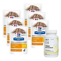 HILL'S PD Prescription Diet Feline c/d Multicare Chicken 6x85g paketėlis + LAB-V Šlapimo pH kontrolė - parama šunims ir katėms, sergantiems struvito akmenlige 45 kapsulės