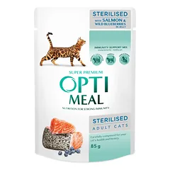 OPTIMEAL™ visavertis konservuotas pašaras sterilizuotoms katėms su lašiša ir mėlynėmis drebučiuose 12x0.085 kg