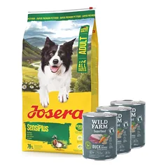 JOSERA SensiPlus 12,5kg + WILD FARM Superfood Duck (Antis su kvinoja, morkomis ir žolelėmis) 3x800 g pašaro šunims be grūdų