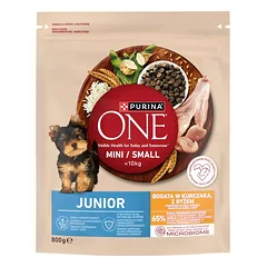 PURINA ONE Junior Mini Small Chicken with Rice 800 g turtinga vištiena su ryžiais, sausas maistas šuniukams
