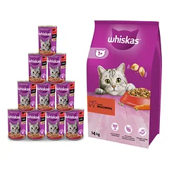 WHISKAS Adult 14kg - sausas kačių ėdalas su jautiena ir daržovėmis + WHISKAS Adult konservų dėžutė 10x400g