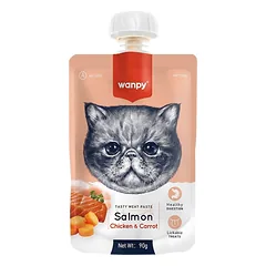 Wanpy mėsos tyrelė katėms su lašiša, vištiena ir morkomis, 90 g