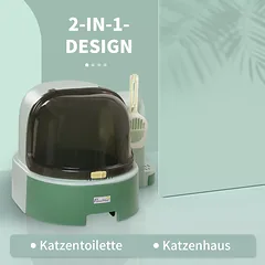 Katės tualetas, 2 ištraukiami dugno padėklai, 1 kastuvėlis, kraiko surinkimo dėklas, nuimamas gaubtas, žaliai juodas — 4 nuotrauka