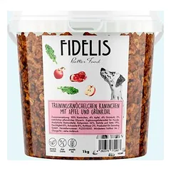 FIDELIS treniruočių kauliukai su triušiena, obuoliais ir lapiniais kopūstais, skanėstai šunims (1 kg kibiras)