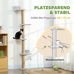 Sieninė kačių draskyklė, 5 lygių, su žaislu, sizalio stulpu ir pliušine danga, šviesiai pilka — 5 nuotrauka