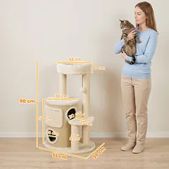 Kačių draskyklė su dviejų aukštų slėptuve ir sizalio draskyklėmis, smėlinė, 90 cm — 3 nuotrauka