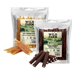 WILD FARM Triušių dantų tūbelės 500g + minkštos vištienos juostelės 500g skanėstai šunims