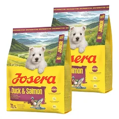 JOSERA Duck and Salmon Junior Mini 2x900g siekiant užtikrinti tinkamą mažų veislių šuniukų vystymąsi