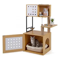 GIANTEX Kratzbaum Mit Katzenklo,Futterplattform,3 Sisal-Pfosten, Holz grau.