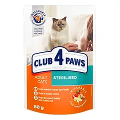 CLUB 4 PAWS PREMIUM „STERILIZUOTI”. VISAVERTIS KONSERVUOTAS ĖDALAS SUAUGUSIOMS STERILIZUOTOMS KATĖMS 0,80g.