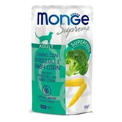 Monge Supreme Cat Wet Pouches drėgnas maistas katėms su tunu, brokoliu ir mažaisiais kukurūzais, 80 g