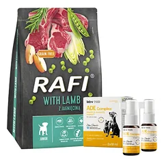 DOLINA NOTECI Rafi Junior sausas ėdalas šunims su ėriena 3kg + Lab-V ADE Complex - vitaminų A, D ir E kompleksas šunims ir katėms